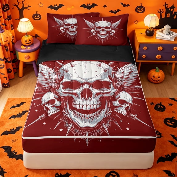 Homewish Halloween Wing Skull Zipper Twin Comforter Sets with Fitted Sheet and 2 Pillowcases,Sharp Spiked Print Zipper Bedding Set,Scarlet Red White,Black Reversible,4pcs
