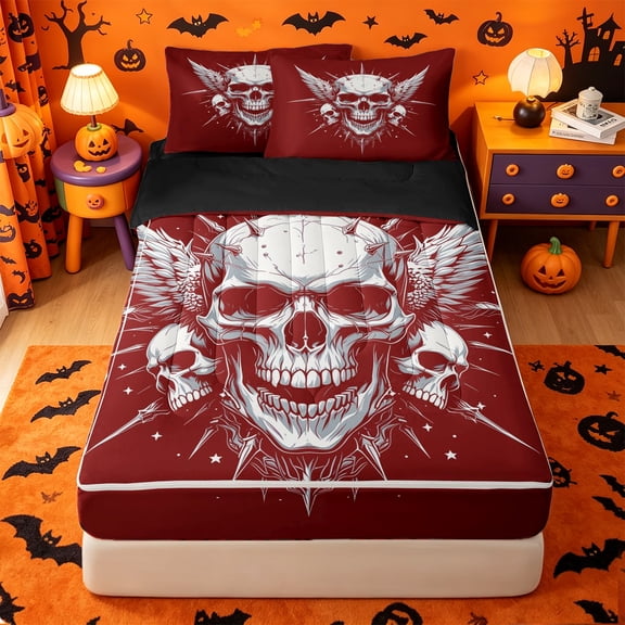 Homewish Halloween Wing Skull Zipper Twin Comforter Sets with Fitted Sheet and 2 Pillowcases,Sharp Spiked Print Zipper Bedding Set,Scarlet Red White,Black Reversible,4pcs