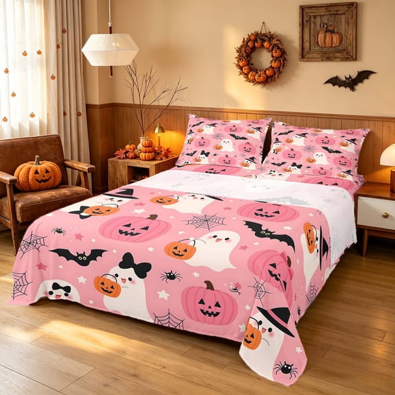 Homewish Halloween Witch Ghost Bed Sheets for Girls, Pink Pumpkin Bat Spider Full Size Sheets, Pink Orange Black, 4pcs (1 Flat Sheet, 1 Fitted Sheet and 2 Pillowcases)