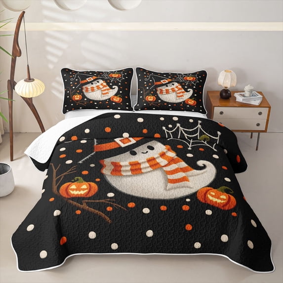 Homewish Halloween Witch Ghost Bed Spread Queen, Pumpkin Lantern Queen Coverlet Set, Black Orange White, 3-Piece 1 Bedspread and 2 Pillowcases