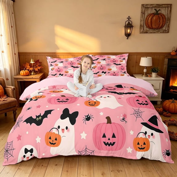 Homewish Halloween Witch Ghost Bedding for Girls, Pink Pumpkin Bat Spider Duvet Cover Full, Pink Orange Black, Pink Reversible 3pcs, 1 Duvet Cover and 2 Pillowcases
