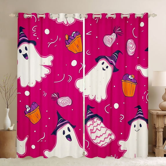 Homewish Halloween Witch Ghost Blackout Curtains Set of 2 (52x84 Each) for Girls, Cartoon Candy Cupcake Curtain, Hot Pink White Orange
