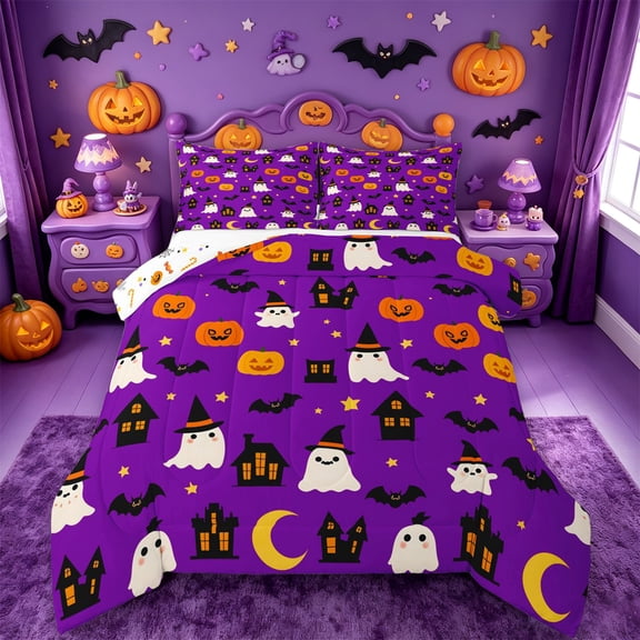 Homewish Halloween Witch Ghost Queen Comforter Set,Jack O Lantern House Pattern Comforter Sets Queen,Violet Black,Halloween Reversible,3-Piece,1 Comforter and 2 Pillowcases