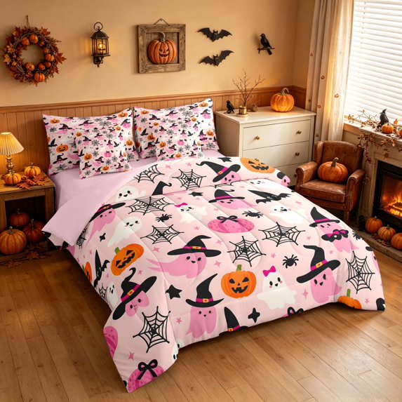 Homewish Halloween Witch Ghost Twin Bedding for Girls, Pumpkin Spider Web Bedding Comforter Set, Light Pink Black Orange, Pink Reversible 7-Piece
