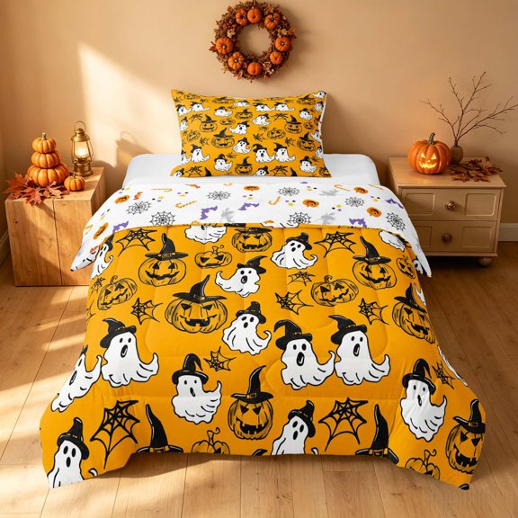 Homewish Halloween Witch Ghost Twin Comforter Sets, Pumpkin Spider Web Bedding Set, Orange Black White, Pumpkin Bat Reversible, 2 Pieces 1 Comforter and 1 Pillowcase