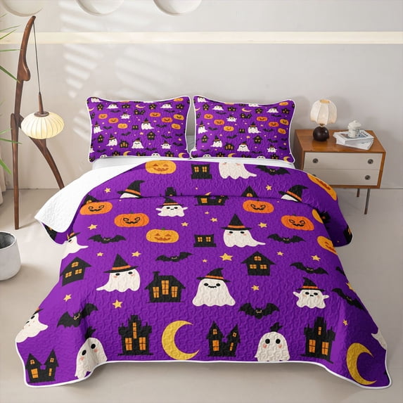 Homewish Halloween Witch Ghost Twin Quilt Set,Jack O Lantern House Pattern Twin Coverlet Set,Violet Black,2 Pieces