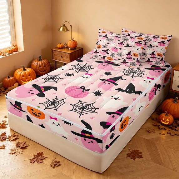 Homewish Halloween Witch Ghost Zipper Full Size Comforter Sets with Fitted Sheet and 2 Pillowcases for Girls, Pumpkin Spider Web Zipper Bedding Set, Light Pink Black Orange, Pink Reversible