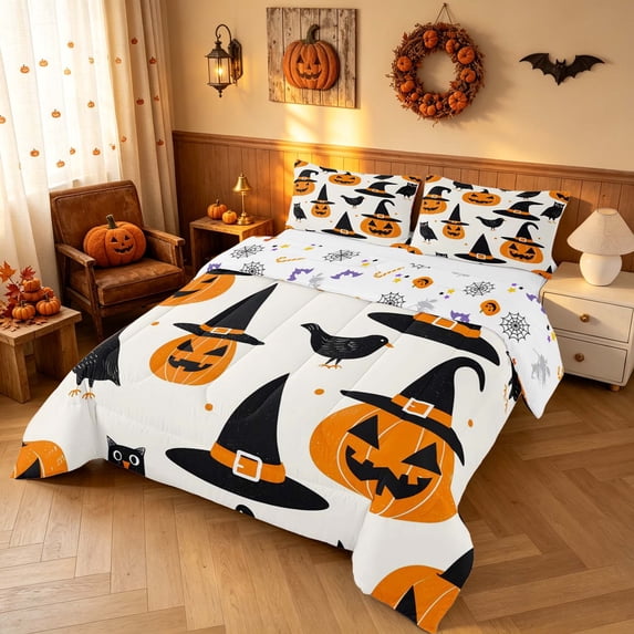 Homewish Halloween Witch Hat Pumpkin Full Size Comforter Sets, Owl Crow Bedding Comforter Set, Cream Orange Black, Pumpkin Bat Reversible, 3pcs 1 Comforter and 2 Pillowcases