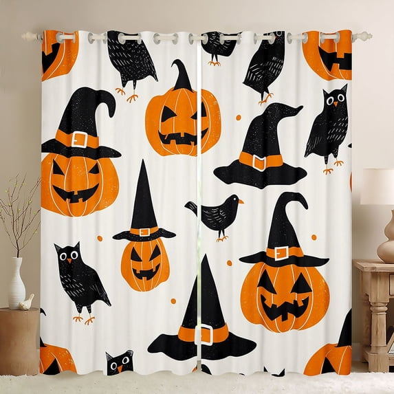 Homewish Halloween Witch Hat Pumpkin Kitchen Curtains, Owl Crow Black Out Curtains Pack of 2 (42x63 Each), Cream Orange Black