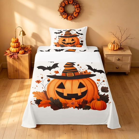 Homewish Halloween Witch Pumpkin Lantern Twin Sheets, Fall Leaf Bat Bedding, Cream Orange, 3-Piece (1 Flat Sheet, 1 Fitted Sheet and 1 Pillowcase)