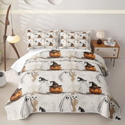 Homewish Halloween Witch Pumpkin Quilt Full, Sketch Ghost Full Bedspread Sets, Cream Orange Black, 3 Pieces 1 Bedspread and 2 Pillowcases