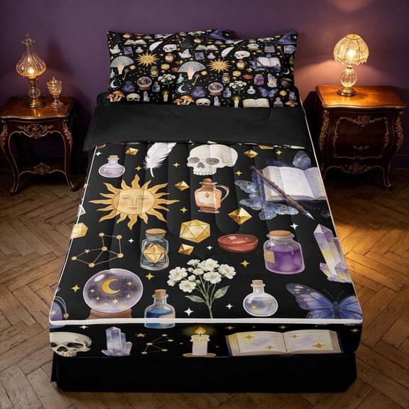 Homewish Halloween Witch Set Zipper Twin Comforter Sets with Fitted Sheet and 2 Pillowcases, Skull Skeleton Candle Zipper Bedding Set, Black Reversible