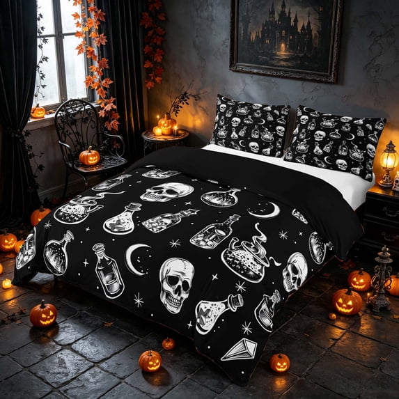 Homewish Halloween Witch Skull Bedding, Celestial Crystal Duvet Cover Full, Black White, Black Reversible 3-Piece, 1 Duvet Cover and 2 Pillowcases