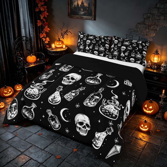 Homewish Halloween Witch Skull Queen Comforter Set, Celestial Crystal Comforter Sets Queen, Black White, Black Reversible, 3-Piece 1 Comforter and 2 Pillowcases