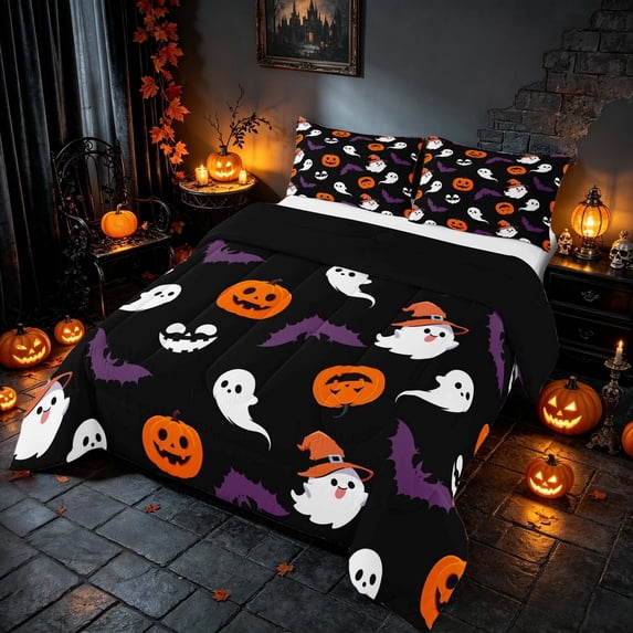 Homewish Halloween Witch Spooky Animal Full Size Comforter Sets, Pumpkin Lantern Ghost Bedding Comforter Set, Black Orange Purple White, Black Reversible, 3-Piece 1 Comforter and 2 Pillowcases