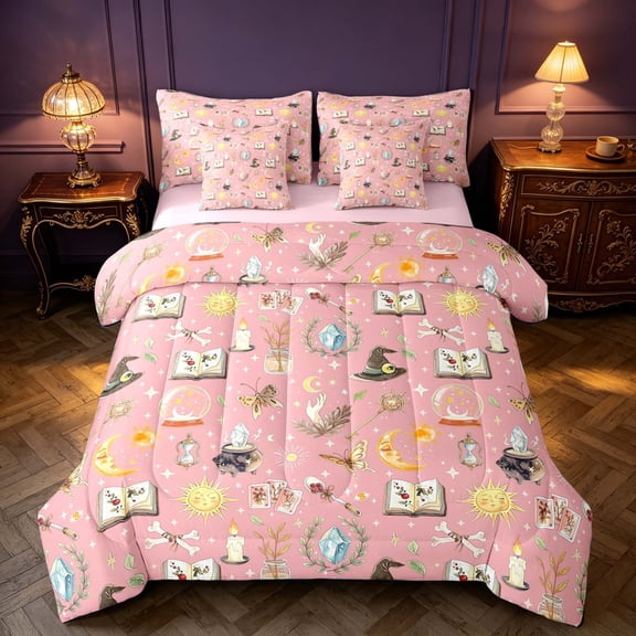 Homewish Halloween Witch Twin Bedding for Kids Girls, Magic Book Bedding Comforter Set, Pink, Pink Reversible 7 Pieces