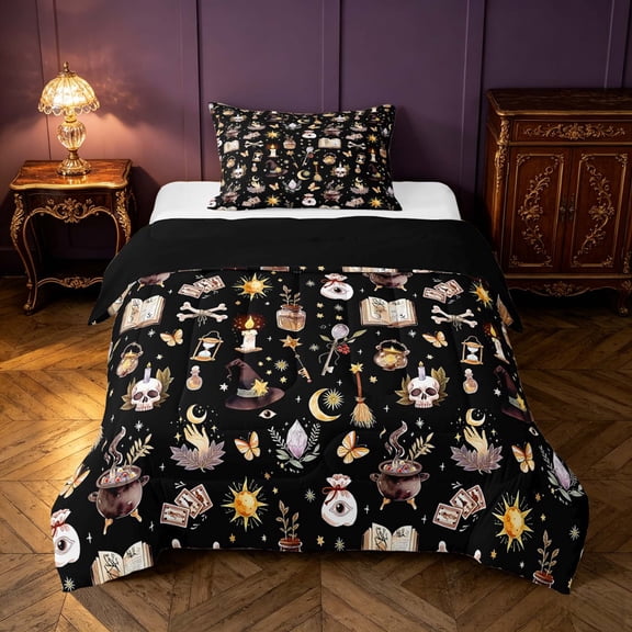 Homewish Halloween Witch Twin Comforter Sets for Kids Girls, Magic Book Bedding Set, Black, Black Reversible 2 Piece, 1 Comforter and 1 Pillowcase