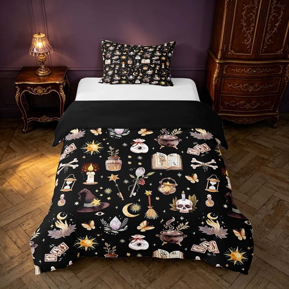 Homewish Halloween Witch Twin Duvet Cover for Kids Girls, Magic Book Twin Bedding, Black, Black Reversible 2-Piece, 1 Duvet Cover and 1 Pillowcase