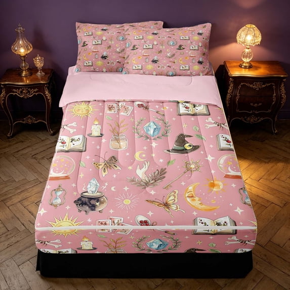 Homewish Halloween Witch Zipper Twin Comforter Sets with Fitted Sheet and 2 Pillowcases for Kids Girls, Magic Book Zipper Bedding Set, Pink, Pink Reversible