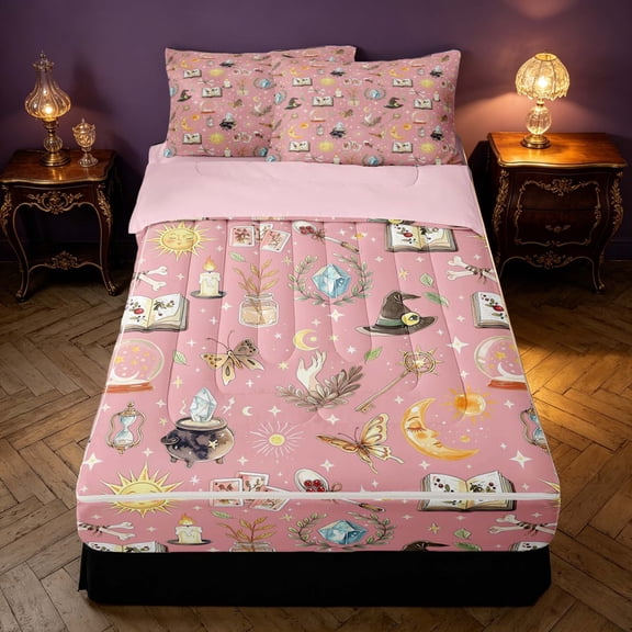 Homewish Halloween Witch Zipper Twin Comforter Sets with Fitted Sheet and 2 Pillowcases for Kids Girls, Magic Book Zipper Bedding Set, Pink, Pink Reversible