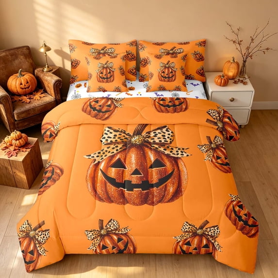 Homewish Halloween Wizard Cat Full Size Bedding Sets, Spooky Animal Ghost Full Size Bed in a Bag, White Purple, Black Reversible 7pcs
