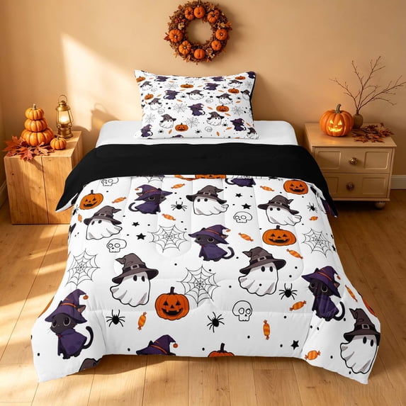 Homewish Halloween Wizard Cat Twin Comforter Sets, Spooky Animal Ghost Bedding Set, White Purple, Black Reversible, 2pcs 1 Comforter and 1 Pillowcase