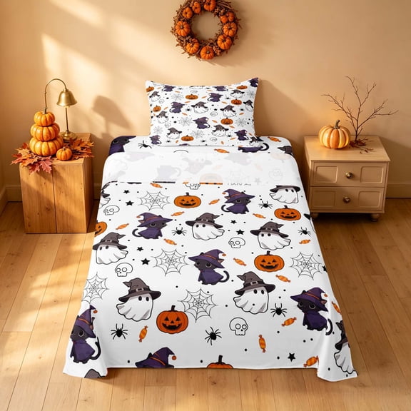 Homewish Halloween Wizard Cat Twin Sheets, Spooky Animal Ghost Bedding, White Purple, 3pcs (1 Flat Sheet, 1 Fitted Sheet and 1 Pillowcase)