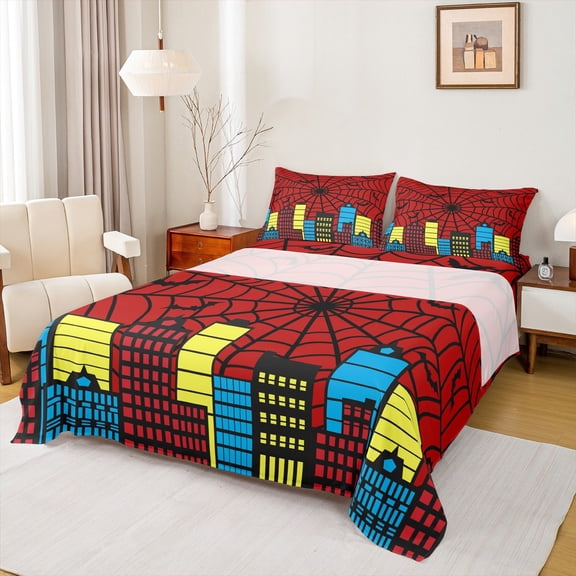 Homewish Hallowen Spider Webs Queen Sheet Sets,Modern City Flat Sheet,Red Black Yellow Queen Fitted Sheet For Kids,Breathable Home Decor,4pcs