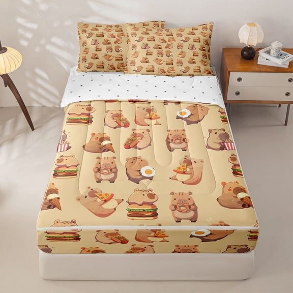 Homewish Hamburg Capybara Kid Zipper Twin Comforter Sets with Fitted Sheet and 2 Pillowcases, Cute Animals Zipper Bedding Set, Reversible, 4 Pieces