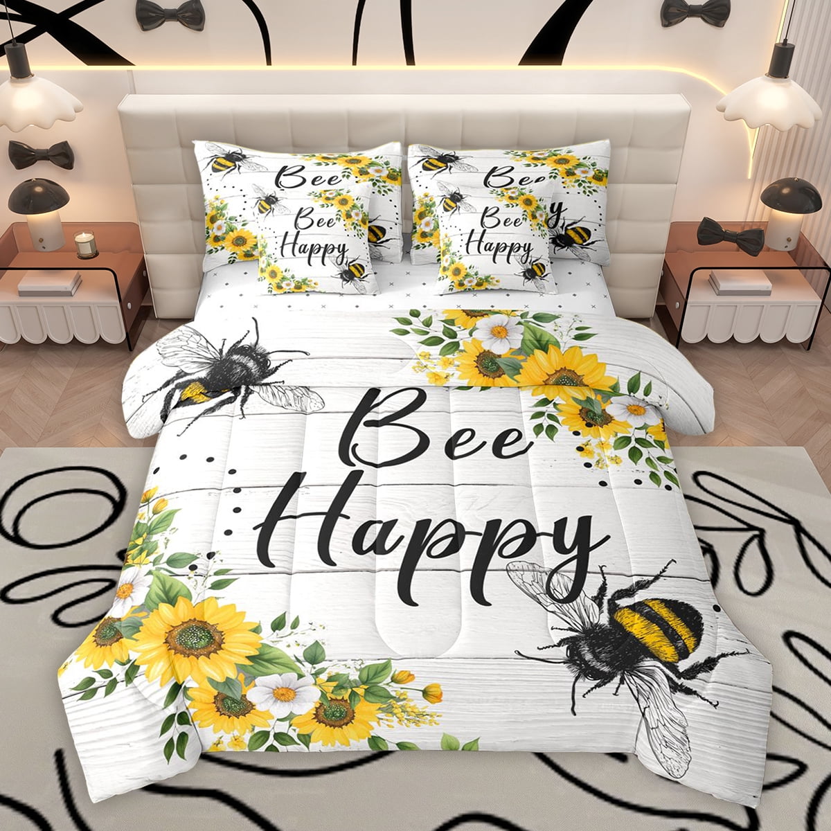 Homewish Happy Bee Kid Bedding Comforter Set 7pcs, Rustic 