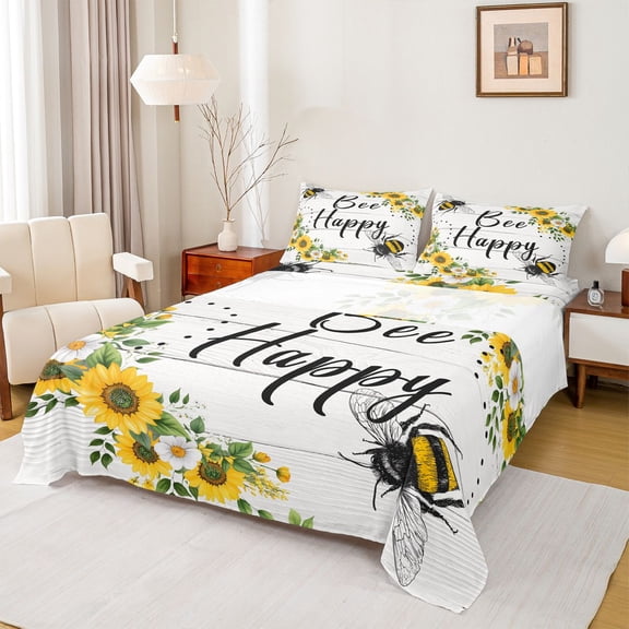 Homewish Happy Bee Kid Twin Sheet Sets, Rustic Sunflower Floral Twin Fitted Sheet, Farmhouse Lake House Flat Sheet, Ultra Soft Bedroom Decor, 3pcs