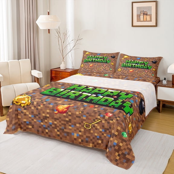 Homewish Happy Birthday Bed Sheets,Abstract Pixel Geometric King Sheets,Green Brown Sheet Set For Boys Kids,Ultra Soft Home Decor,4pcs