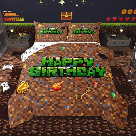 Homewish Happy Birthday Bedding Comforter Set,Abstract Pixel Geometric Twin Comforter Sets,Green Brown Bedding Set For Boys Kids,Ultra Soft Home Decor Reversible,2pcs