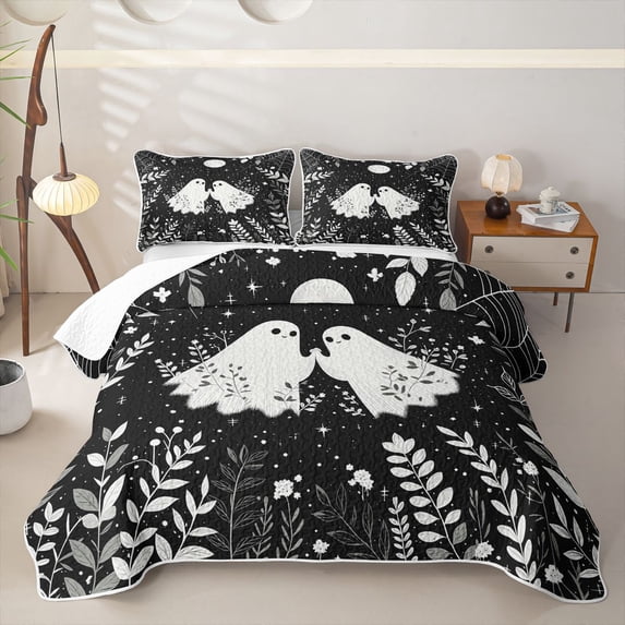 Homewish Happy Botanical Halloween Ghost Bed Spread Queen,Twin Leaf Print Queen Coverlet Set,Black White,3pcs