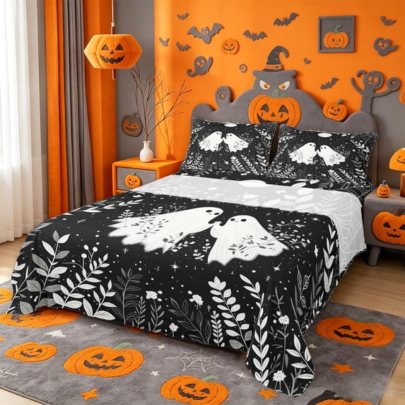 Homewish Happy Botanical Halloween Ghost Queen Sheets,Twin Leaf Print Queen Sheet Sets,Black White,4pcs,1 Flat Sheet,1 Fitted Sheet and 2 Pillowcases