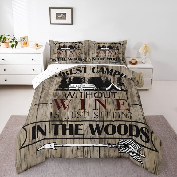 Homewish Happy Camping 3 Pieces Queen Comforter Set for Boys Girls,Retro Rustic Cabin Ultra Soft Bedding Sets,Adventure Car Bedding Comforter Set,Microfiber Bedroom Decor,Reversible