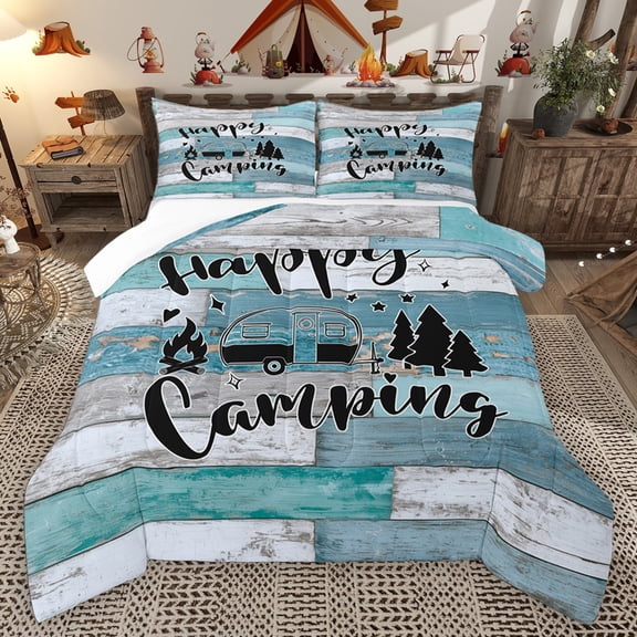 Homewish Happy Camping 3 Pieces Queen Comforter Set for Kids Children Teens,Adventure Car Ultra Soft Bedding Sets,Lodge Cabin Bedding Comforter Set Breathable,Super Cozy Room Decor