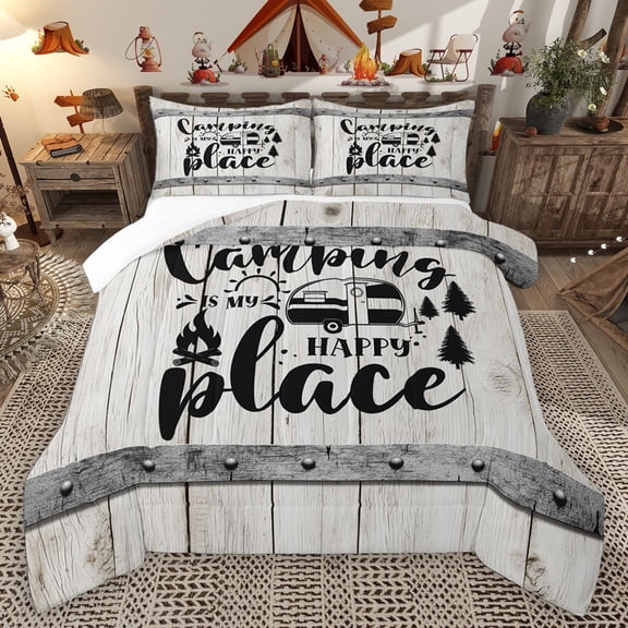 Homewish Happy Camping 3 Pieces Queen Comforter Set for Teens Boys Girls,Lodge Cabin Ultra Soft Bedding Sets,Adventure Theme Bedding Comforter Set Breathable,Microfiber Bedroom Decor