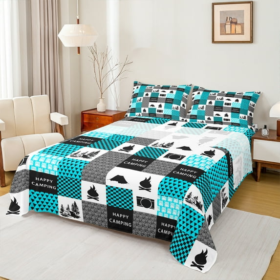 Homewish Happy Camping 4pcs Bed Sheets for Boys Girls,Adventure Theme King Sheets,Geometric Plaid Grid Super Cozy Sheet Set,Microfiber Bedroom Decor