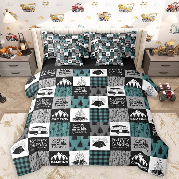 Homewish Happy Camping 7-Piece Bedding Comforter Set,Camper Theme King Bedding Sets,Patchwork Geometric Plaid Bed Sheets For Children,Microfiber Bedroom Decor Reversible