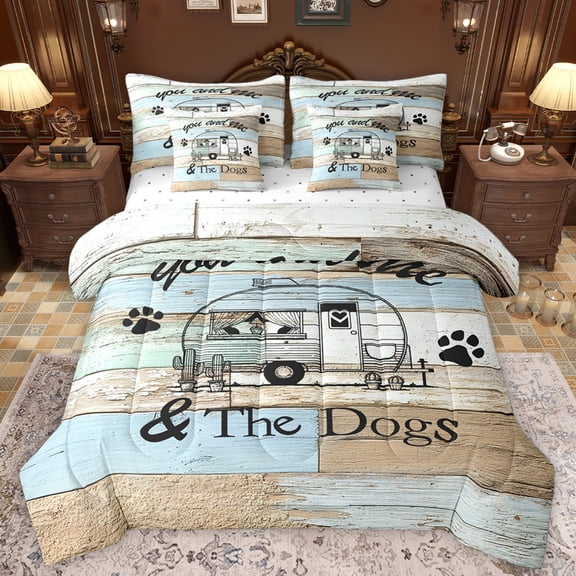 Homewish Happy Camping 7-Piece Bedding Comforter Set,Country Farmhouse Lodge King Bedding Sets,Kawaii Puppy Dogs Paws Bed Sheets For Kids,Breathable Home Decor