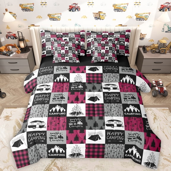 Homewish Happy Camping 7-Piece Bedding Comforter Set,Rustic Farmhouse Cabin King Bedding Sets,Red Gray Black Bed Sheets For Teens,Ultra Soft Home Decor Reversible