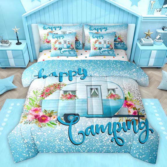 Homewish Happy Camping 7 Pieces Bedding Comforter Set,Colorful Flower Floral Full Bedding Set,Blue Sequin Print Fitted Sheet Flat Sheet For Teens,Ultra Soft Home Decor Reversible