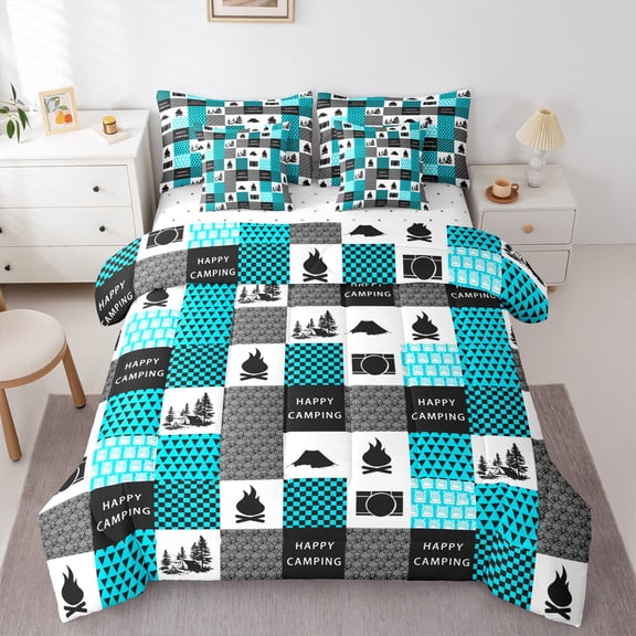 Homewish Happy Camping 7pcs Bedding Comforter Set for Boys Girls,Adventure Theme Queen Bedding Sets Super Cozy,Geometric Plaid Grid Queen Sheet Sets,Microfiber Bedroom Decor,Reversible