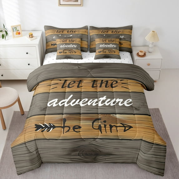 Homewish Happy Camping 7pcs Bedding Comforter Set for Boys Girls,Retro Rustic Cabin Queen Bedding Sets Super Cozy,Adventure Theme Queen Sheet Sets,Microfiber Bedroom Decor,Reversible