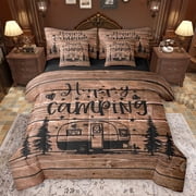 Homewish Happy Camping 7pcs Bedding Comforter Set,Country Farmhouse Lodge Queen Bedding Sets,Brown Black Queen Sheet Sets For Teens,Ultra Soft Home Decor Reversible