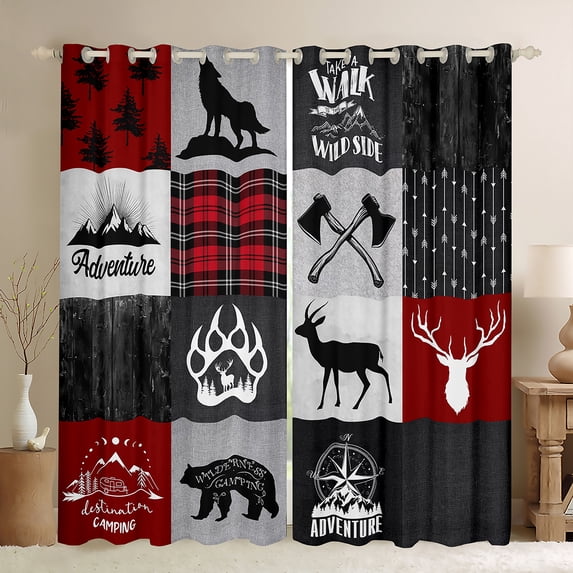 Homewish Happy Camping Adventure Blackout Curtains Set of 2 (52x84 Each),Jungle Animal Deer Bear Window Curtains,Red Gray Plaid Curtains and Drapes For Teens,Ultra Soft Home Decor