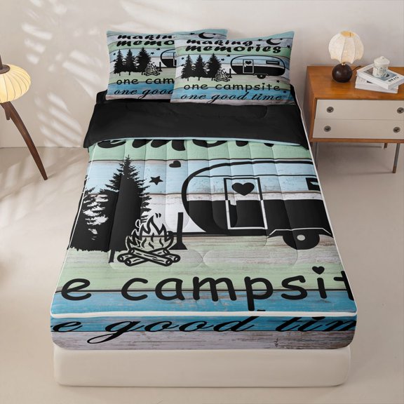 Homewish Happy Camping Adventure Zipper Twin Comforter Sets with Fitted Sheet and 2 Pillowcases,Rustic Country Style Zipper Bedding Set For Boys Kids,Black Reversible,4 Pieces
