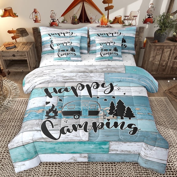 Homewish Happy Camping Bedding Comforter Set 7-Piece for Kids Children Teens,Adventure Car King Bedding Sets,Lodge Cabin Ultra Soft Bed Sheets,Super Cozy Room Decor,Reversible