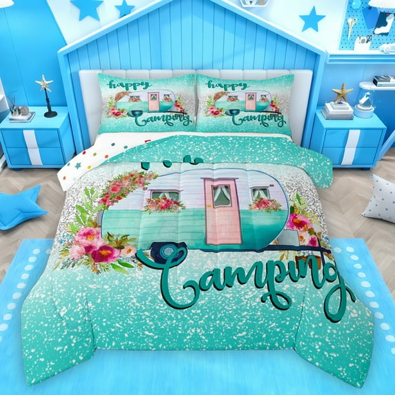 Homewish Happy Camping Bedding Comforter Set,Colorful Flower Floral Twin Comforter Sets,Cyan Glitter Print Bedding Set For Teens,Ultra Soft Home Decor Reversible,2pcs